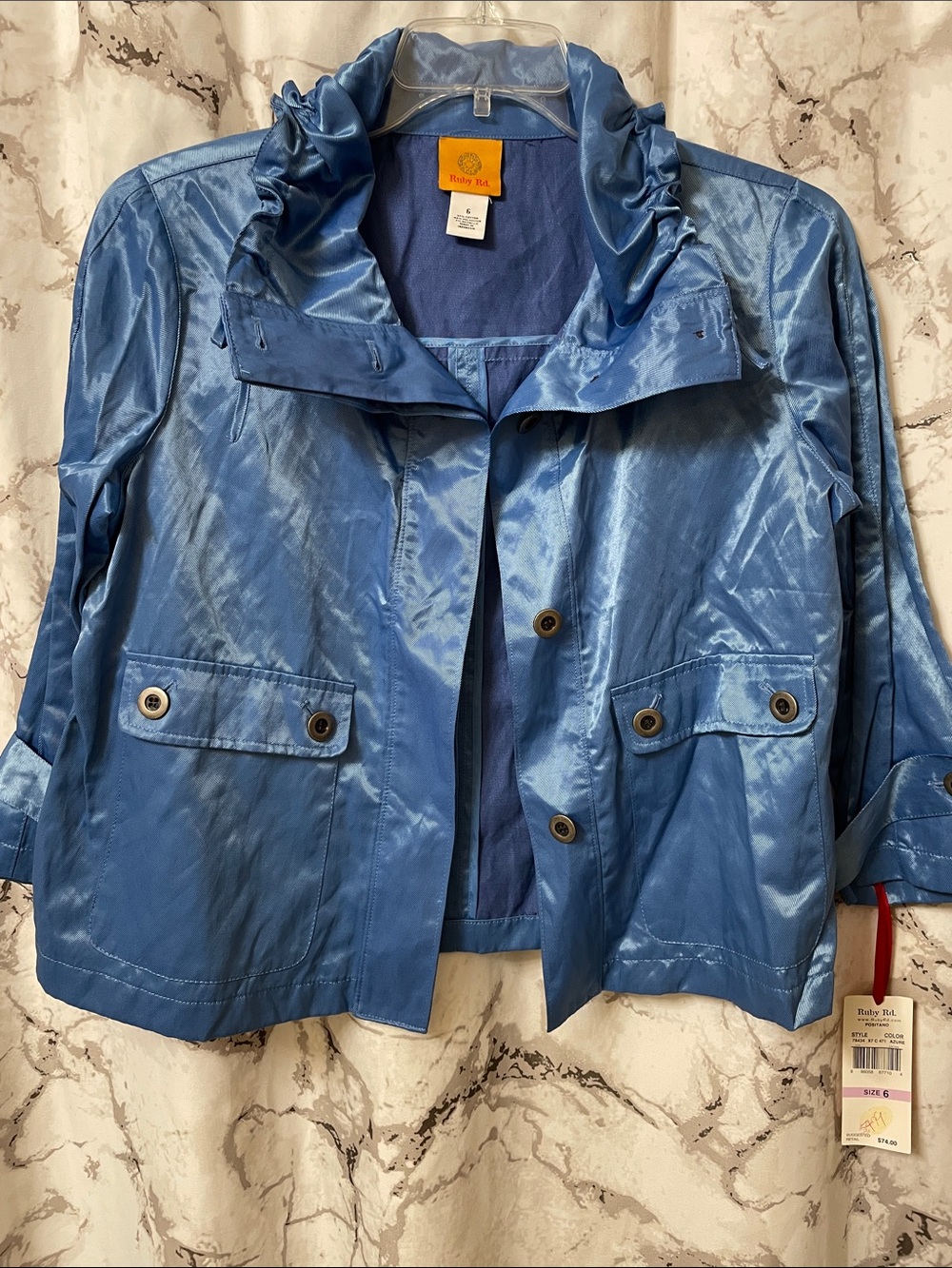 Ruby Rd. Shiny Light Blue Cropped Utility Jacket